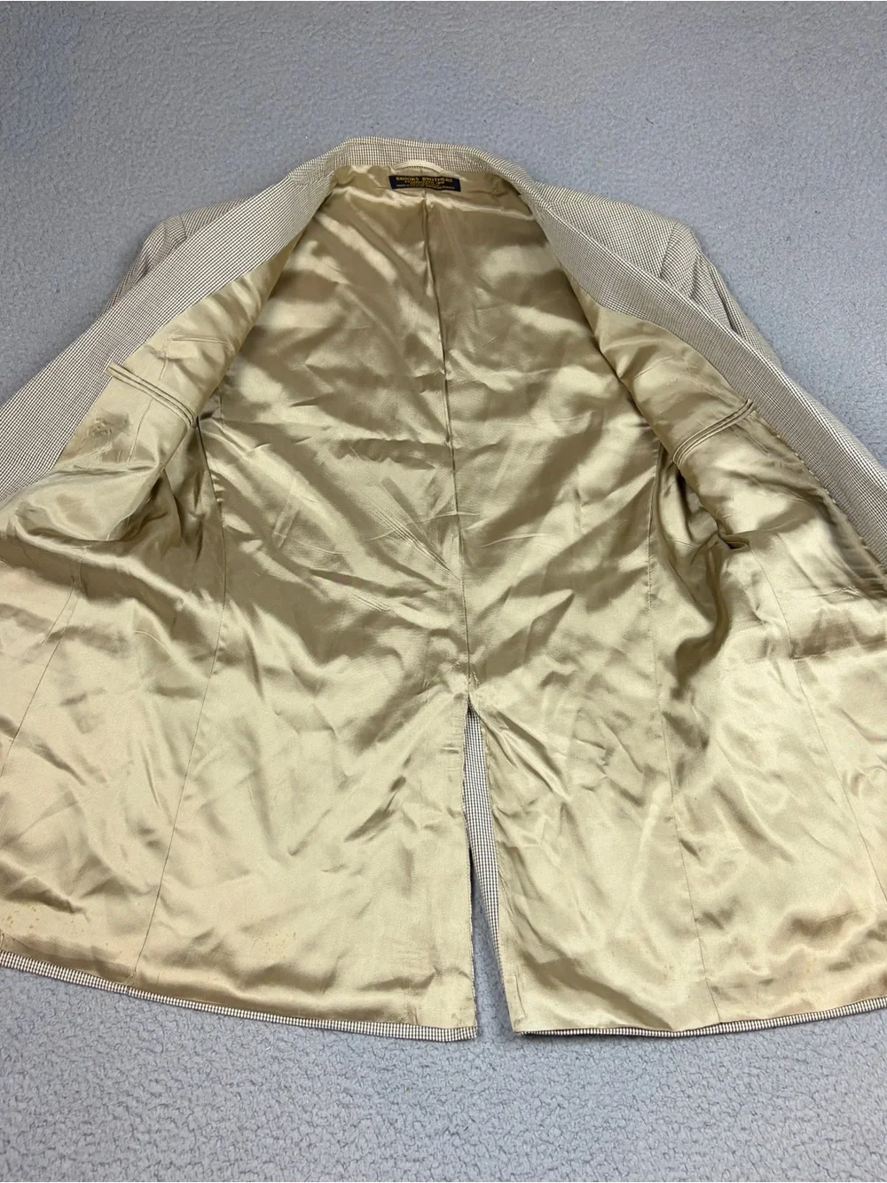 Vtg Brooks Brothers 1818 Blazer Men 43L Beige Silk Linen Wool Gunclub Check USA